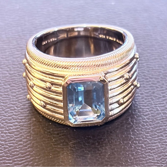 Judith Ripka Sterling Silver Blue Topaz Ballroom Wide Band Ring Size 6